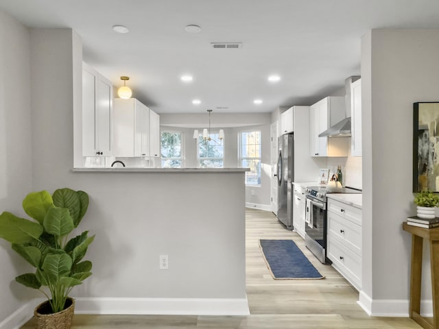 kitchen featuring stainless steel appliances, decorative backsplash, white cabinets, decorative light fixtures, and kitchen peninsula