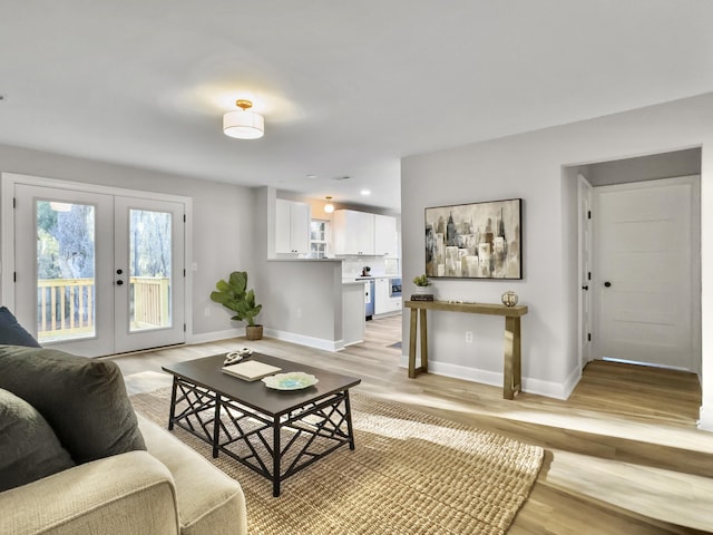 living room with light hardwood / wood-style floors and french doors