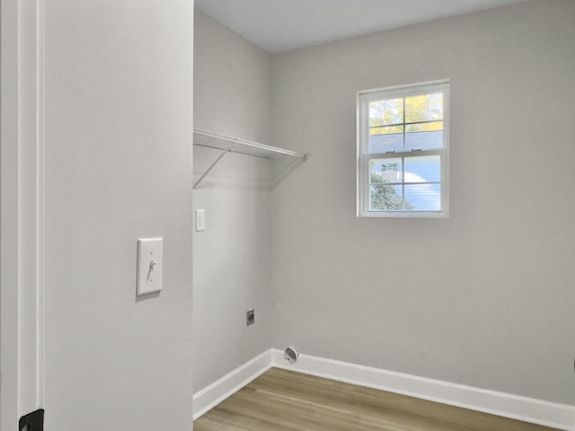 laundry room featuring electric dryer hookup and wood-type flooring