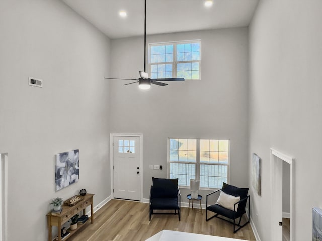 foyer featuring a towering ceiling, light hardwood / wood-style flooring, ceiling fan, and plenty of natural light