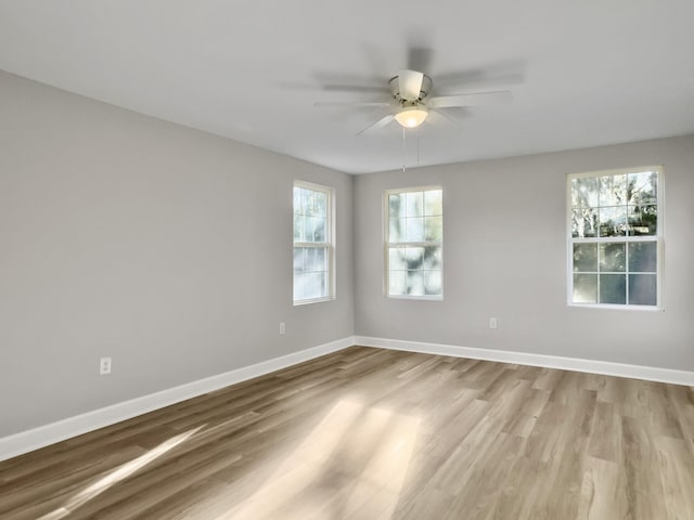 spare room with ceiling fan and light wood-type flooring