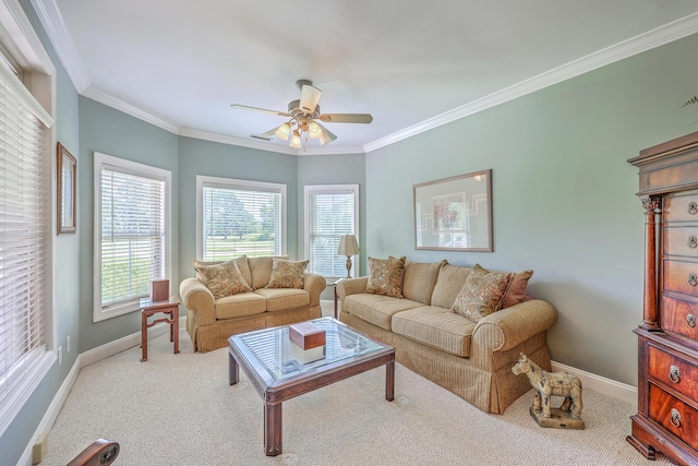 109 Waveney Cir, Goose Creek, SC 29445 - carpeted living area with a ceiling fan and crown molding