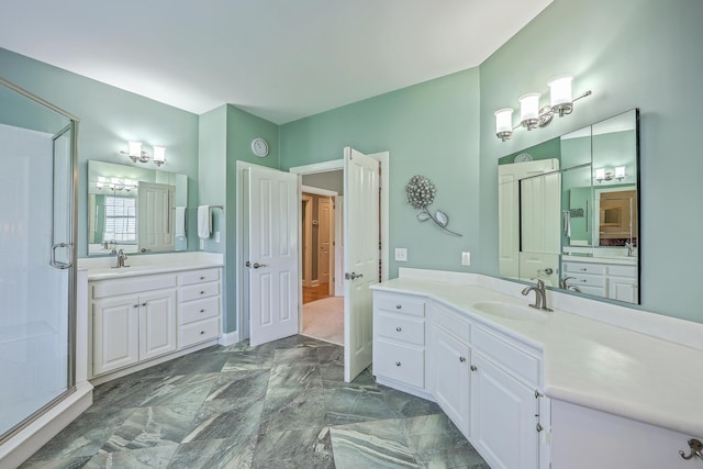 109 Waveney Cir, Goose Creek, SC 29445 - bathroom featuring two vanities, a shower stall, and marble finish flooring