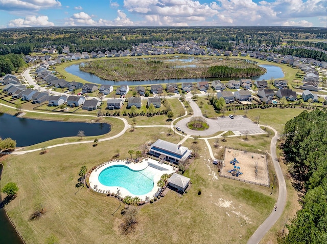 drone / aerial view featuring a water view