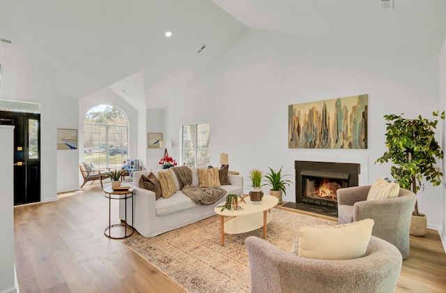 living room with light hardwood / wood-style flooring and high vaulted ceiling