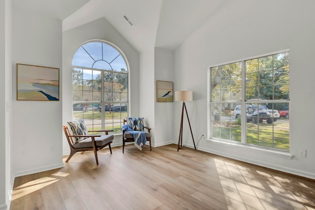 sitting room featuring light hardwood / wood-style floors, a healthy amount of sunlight, and high vaulted ceiling