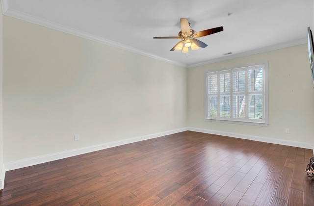 unfurnished room with dark hardwood / wood-style flooring, ceiling fan, and ornamental molding