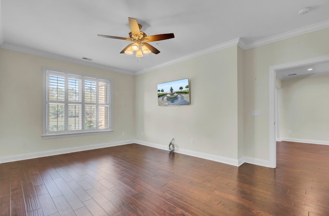 empty room with crown molding, ceiling fan, and dark wood-type flooring