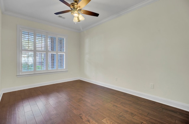 unfurnished room with crown molding, ceiling fan, and dark hardwood / wood-style floors