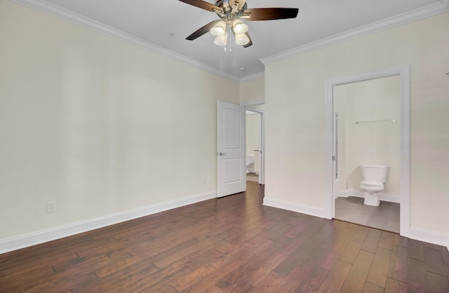 unfurnished bedroom featuring ensuite bathroom, crown molding, ceiling fan, and dark hardwood / wood-style floors