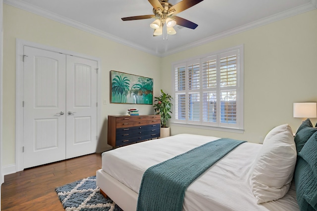 bedroom with a closet, ornamental molding, ceiling fan, and dark hardwood / wood-style floors