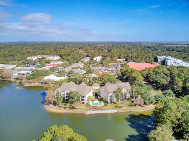 drone / aerial view with a water view