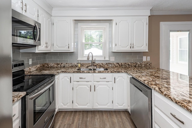 102 Six Point Ct, Goose Creek, SC 29445 - kitchen featuring stainless steel appliances, a sink, wood finished floors, ornamental molding, and backsplash