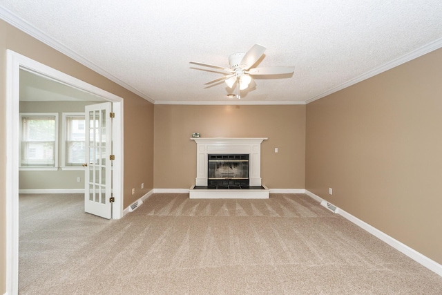 102 Six Point Ct, Goose Creek, SC 29445 - unfurnished living room with a ceiling fan, light carpet, ornamental molding, a glass covered fireplace, and baseboards