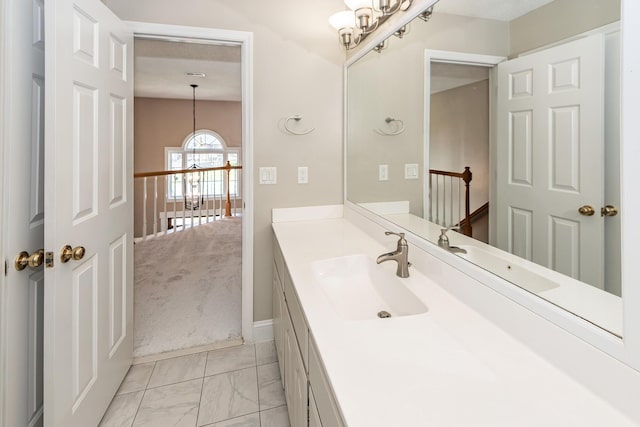 102 Six Point Ct, Goose Creek, SC 29445 - bathroom with a chandelier, vanity, and marble look tile flooring