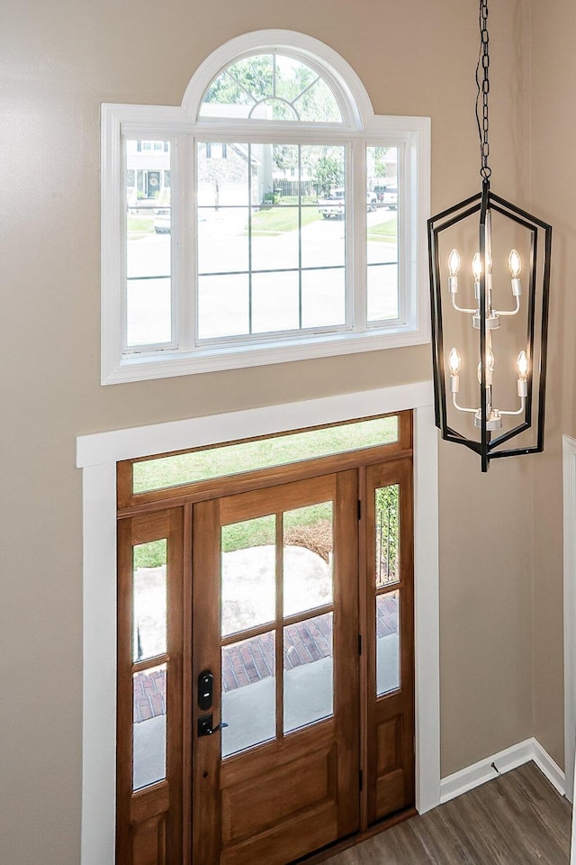 102 Six Point Ct, Goose Creek, SC 29445 - entrance foyer with a chandelier, french doors, dark wood-type flooring, and baseboards