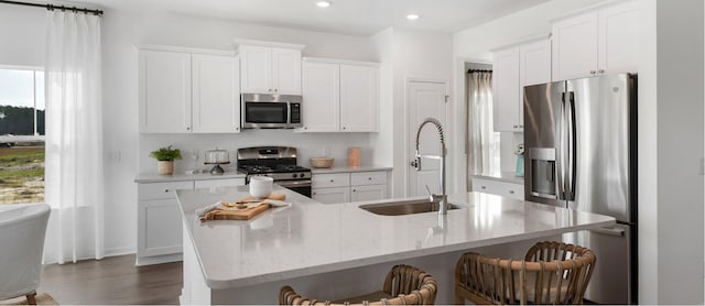 kitchen with a kitchen island with sink, plenty of natural light, stainless steel appliances, and sink