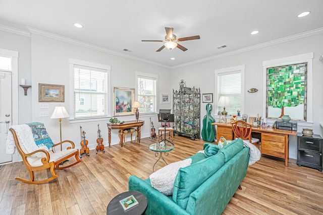 1515 Pogonia St Unit 2, Mount Pleasant, SC 29466 - living area with ceiling fan, light wood-style flooring, ornamental molding, a desk, and recessed lighting