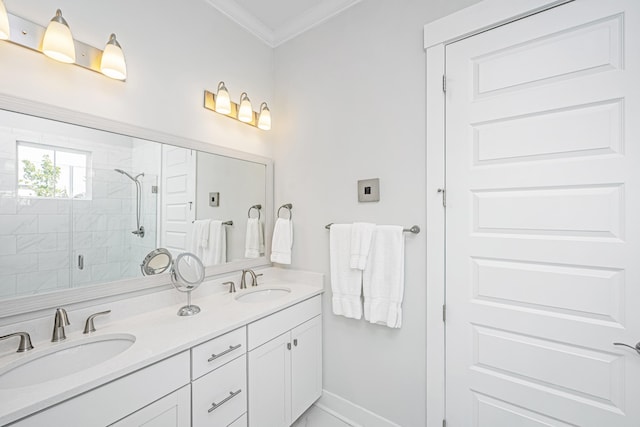 1515 Pogonia St Unit 2, Mount Pleasant, SC 29466 - bathroom featuring ornamental molding, double vanity, a shower stall, and baseboards