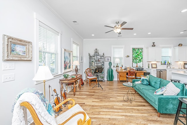 1515 Pogonia St Unit 2, Mount Pleasant, SC 29466 - living room featuring light wood finished floors, ceiling fan, recessed lighting, and crown molding