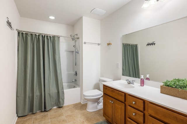 full bathroom with shower / bath combo with shower curtain, toilet, and vanity