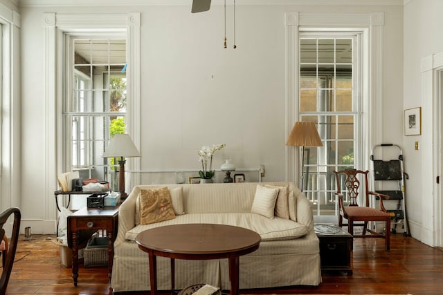 living area featuring wood-type flooring and a ceiling fan