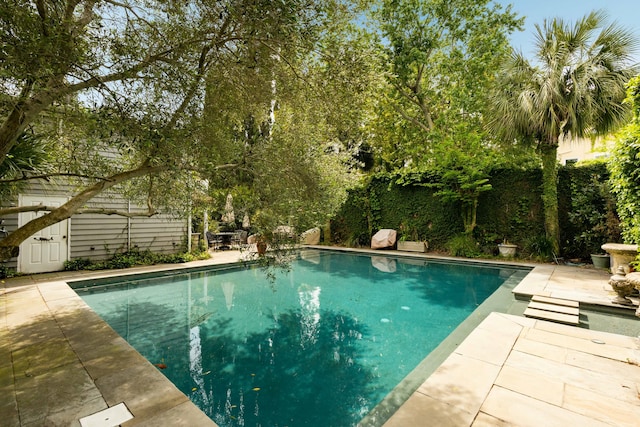 view of swimming pool featuring a fenced in pool and a patio area