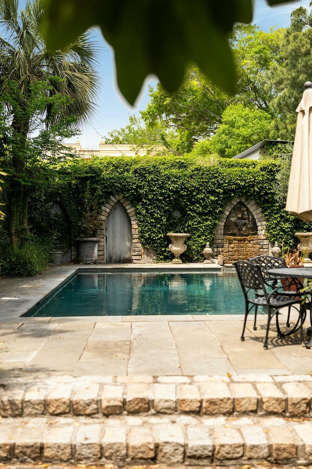 view of swimming pool featuring a fenced in pool, a patio, and a fenced backyard