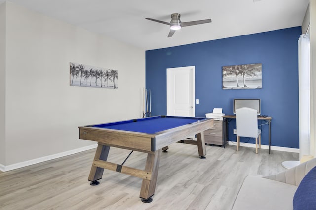 rec room featuring light hardwood / wood-style flooring, ceiling fan, and pool table