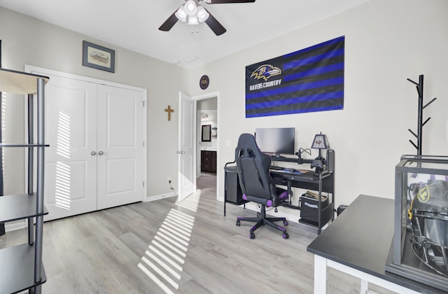 office space with ceiling fan and light wood-type flooring