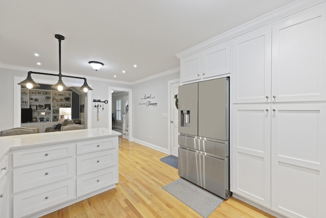 189 Fox Chase Dr, Goose Creek, SC 29445 - kitchen featuring stainless steel fridge with ice dispenser, crown molding, white cabinetry, light wood-type flooring, and recessed lighting