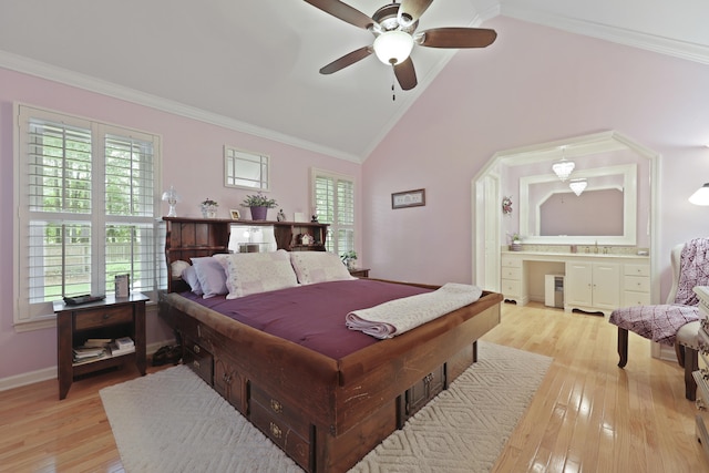 189 Fox Chase Dr, Goose Creek, SC 29445 - bedroom with vaulted ceiling, crown molding, light wood-style floors, a ceiling fan, and baseboards