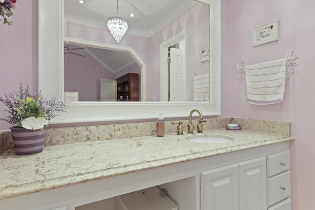 189 Fox Chase Dr, Goose Creek, SC 29445 - bathroom with ornamental molding, vanity, vaulted ceiling, and a chandelier