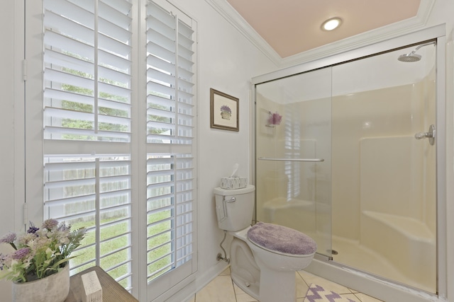 189 Fox Chase Dr, Goose Creek, SC 29445 - bathroom featuring tile patterned floors, a stall shower, toilet, and ornamental molding