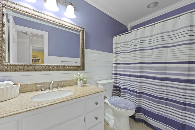 189 Fox Chase Dr, Goose Creek, SC 29445 - bathroom featuring toilet, crown molding, vanity, tile patterned floors, and wainscoting