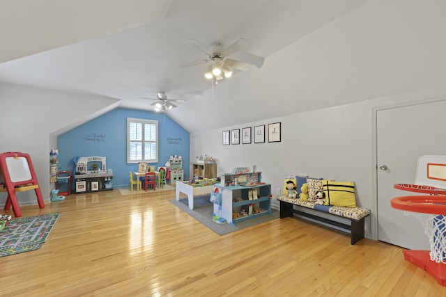 189 Fox Chase Dr, Goose Creek, SC 29445 - recreation room with hardwood / wood-style flooring, vaulted ceiling, and ceiling fan