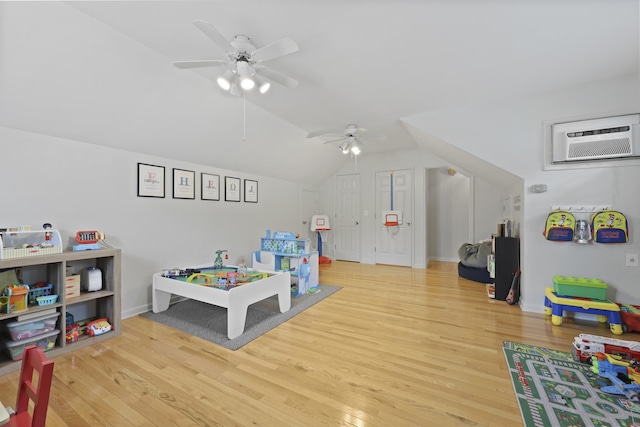 189 Fox Chase Dr, Goose Creek, SC 29445 - rec room with a wall mounted air conditioner, wood finished floors, vaulted ceiling, ceiling fan, and baseboards