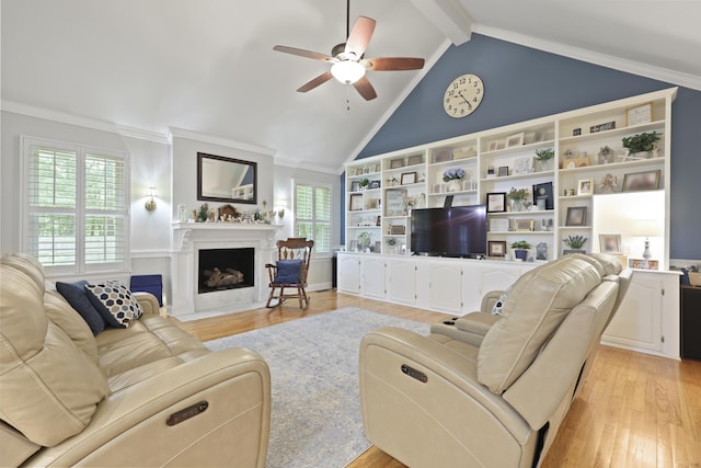 189 Fox Chase Dr, Goose Creek, SC 29445 - living room featuring a ceiling fan, light wood-type flooring, a fireplace with flush hearth, and crown molding