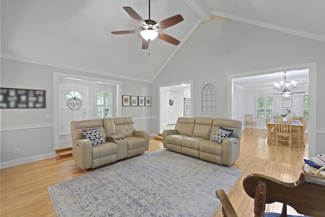 189 Fox Chase Dr, Goose Creek, SC 29445 - living area featuring light wood-style floors, a chandelier, plenty of natural light, a ceiling fan, and beam ceiling