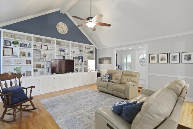 189 Fox Chase Dr, Goose Creek, SC 29445 - living room featuring ceiling fan, light wood-style flooring, beam ceiling, and high vaulted ceiling
