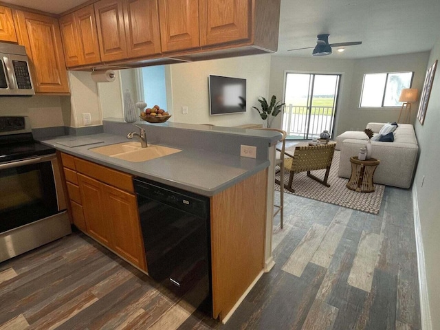 kitchen featuring appliances with stainless steel finishes, dark hardwood / wood-style flooring, kitchen peninsula, and sink