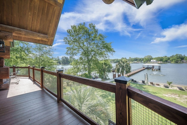 deck featuring a water view and a dock