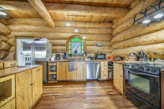 kitchen featuring black appliances, wooden ceiling, beam ceiling, dark wood finished floors, and a sink