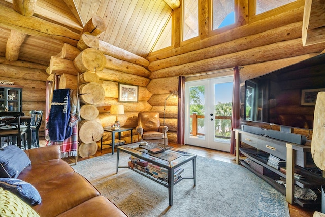 living area featuring french doors, wood finished floors, wood ceiling, log walls, and high vaulted ceiling