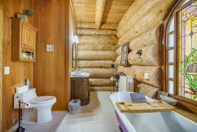 bathroom with log walls, wood ceiling, toilet, healthy amount of natural light, and beam ceiling