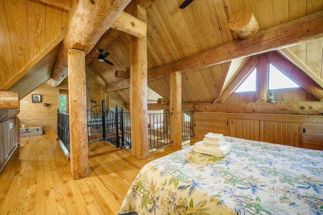 bedroom with wood ceiling, multiple windows, and wood-type flooring