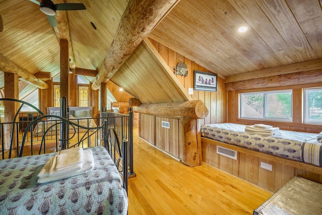 bedroom featuring wooden ceiling, wooden walls, and wood-type flooring