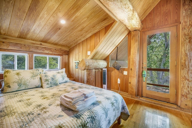 bedroom featuring wooden ceiling, lofted ceiling, multiple windows, wooden walls, and wood-type flooring
