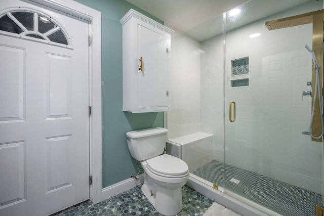 full bathroom with toilet, baseboards, a stall shower, recessed lighting, and tile patterned flooring