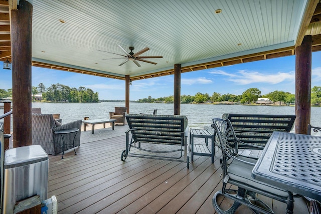 dock featuring a deck with water view and an outdoor living space
